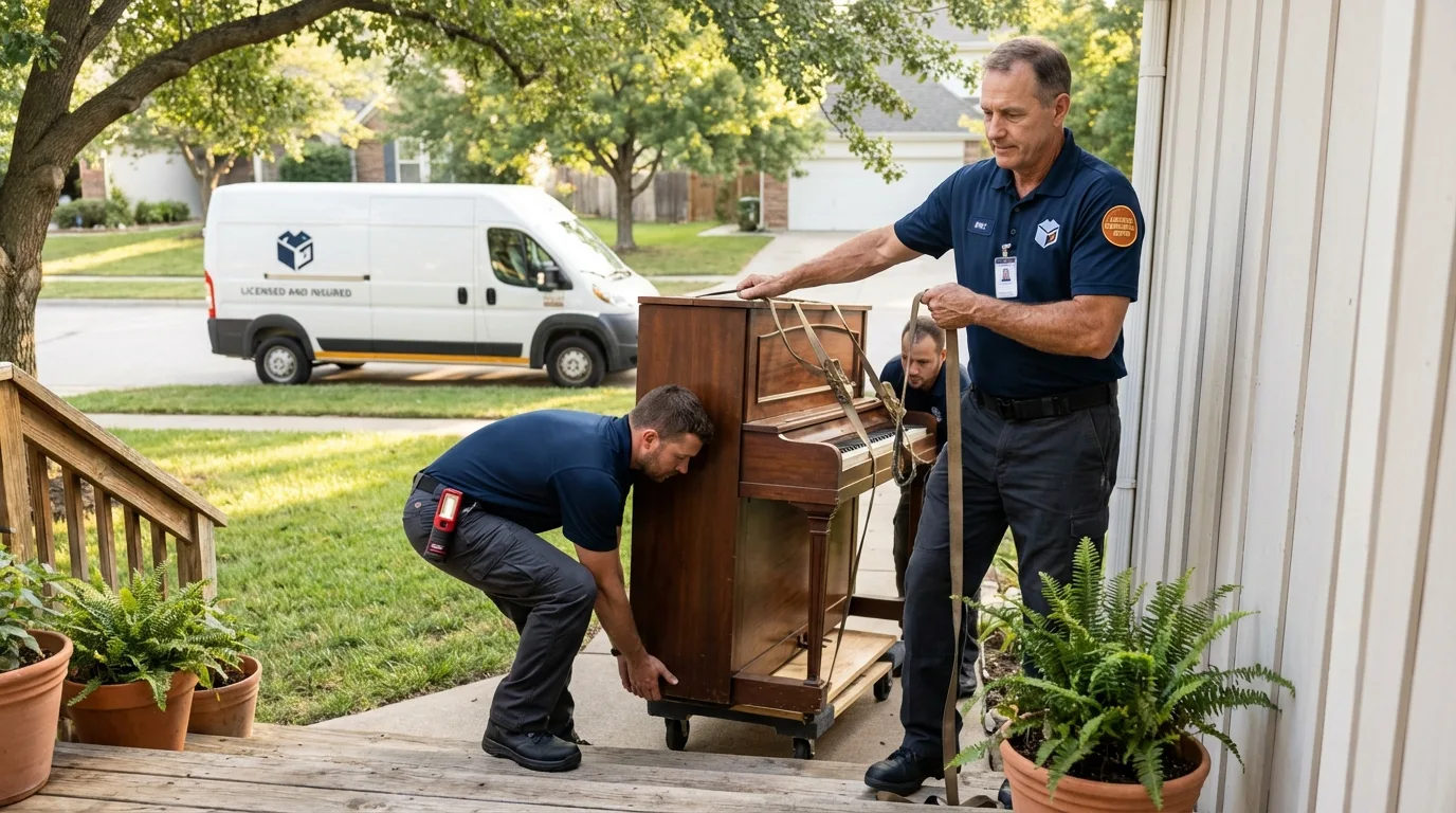 Licensed piano movers securing grand piano in Grand Meadow, MN