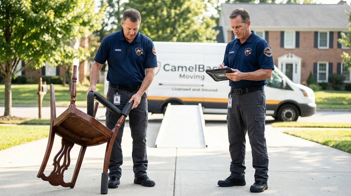 Movers inspecting furniture for damage prevention before loading in Grand Meadow, MN