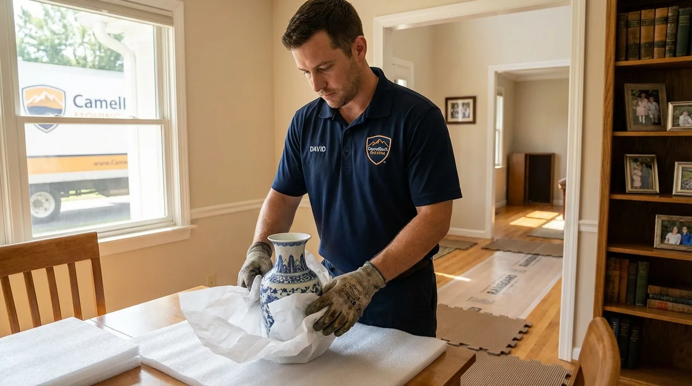 Professional crew carefully wrapping antique vase for senior downsizing move in Grand Meadow, MN